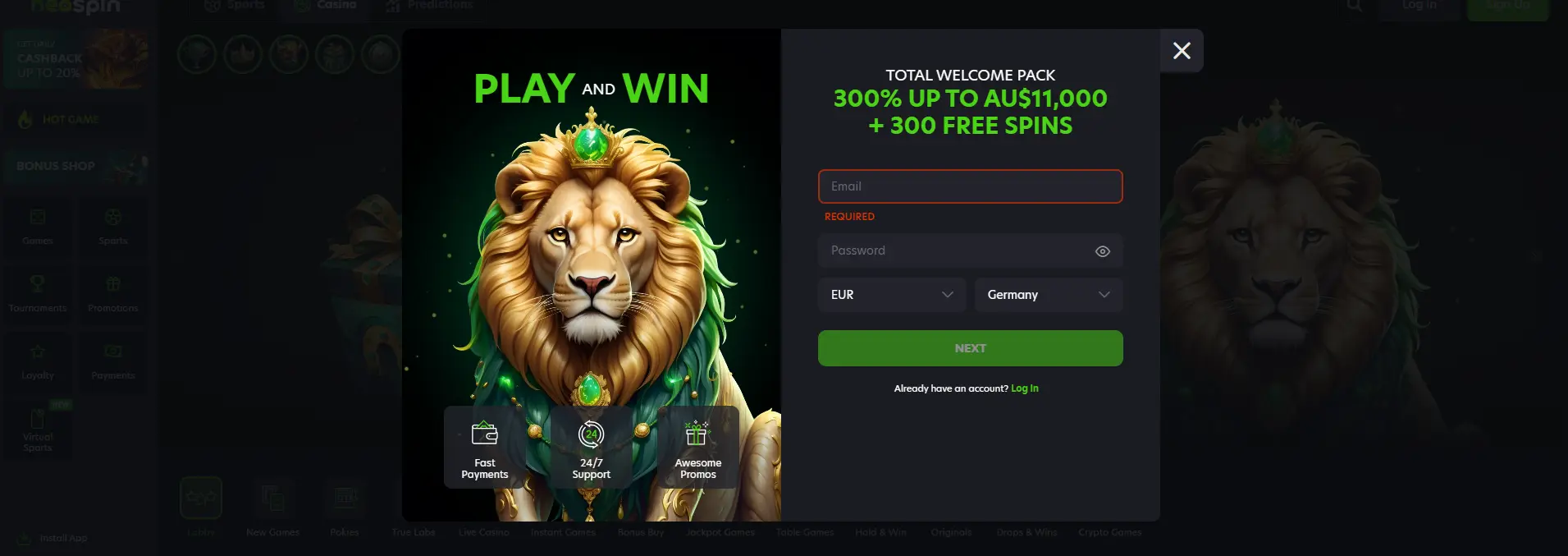 Neo Spin Casino login page