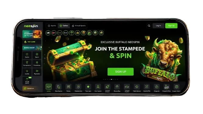 Neospin Casino app lobby and mobile navigation