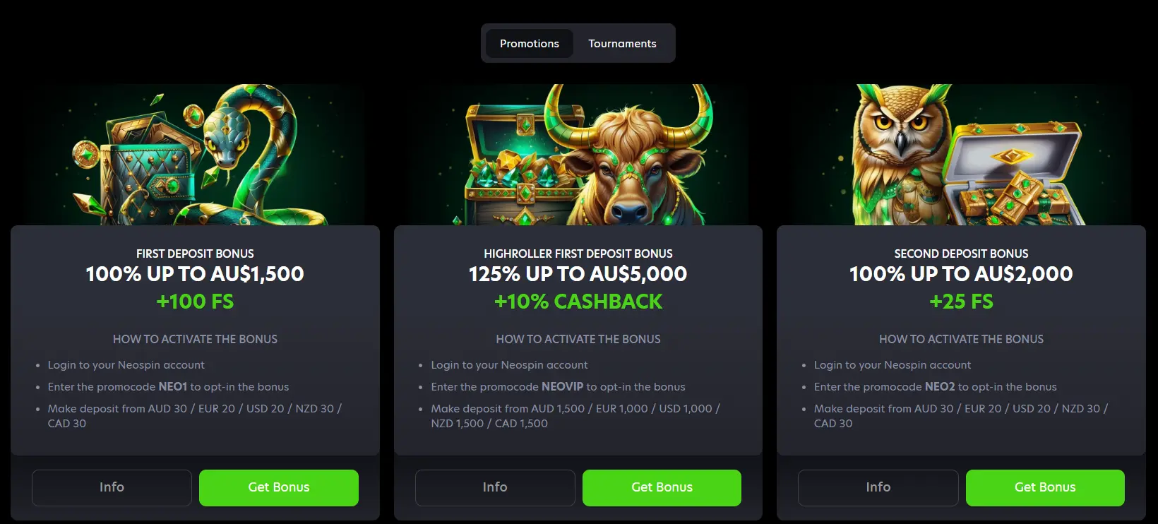 Neospin Casino first, second and high-roller deposit bonuses
