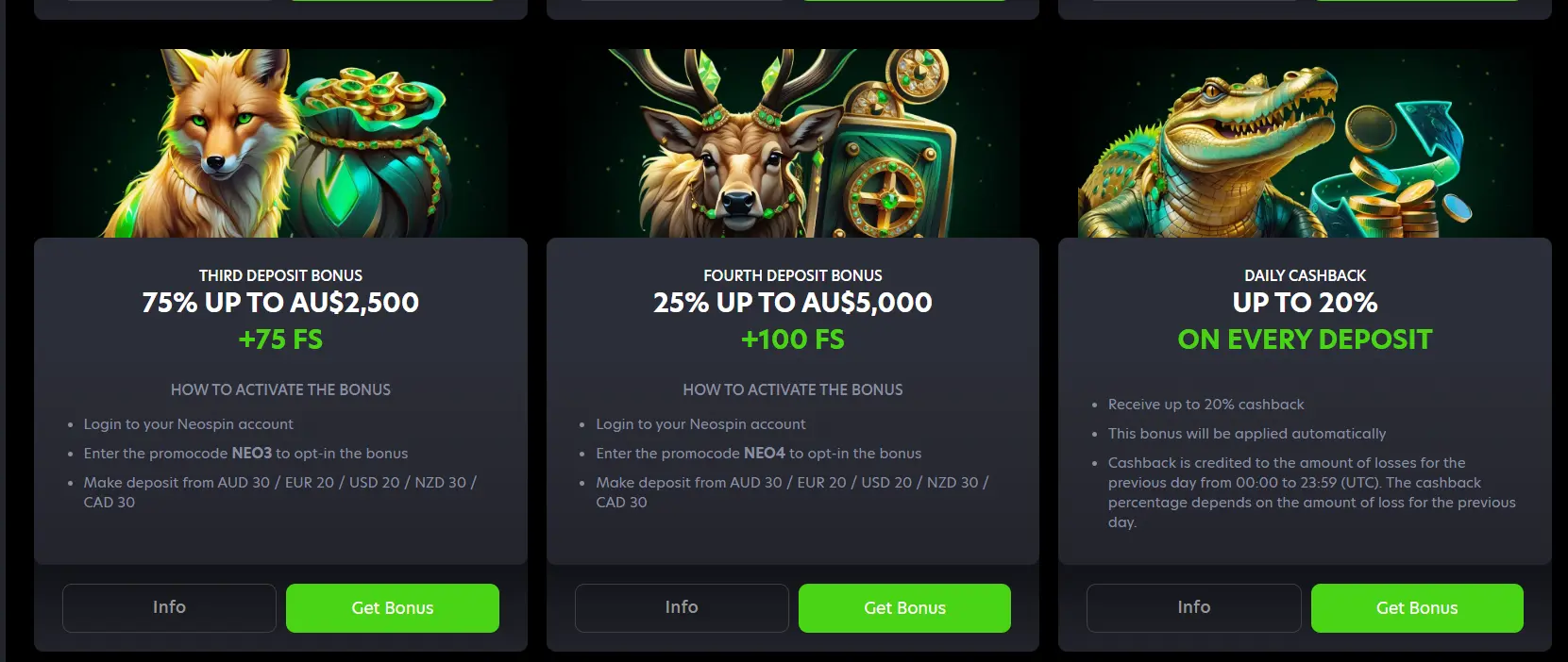Neospin third and fourth deposit bonuses with daily cashback